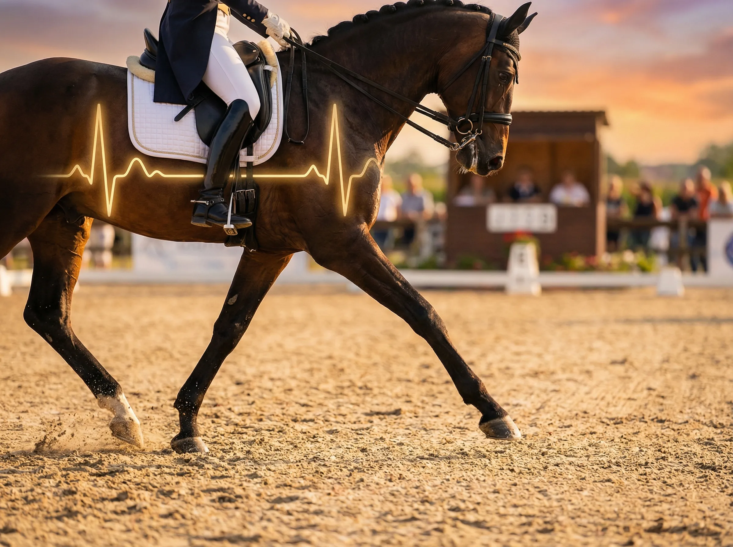 A bay dressage horse mid-canter at golden hour with a heartbeat waveform across the saddle