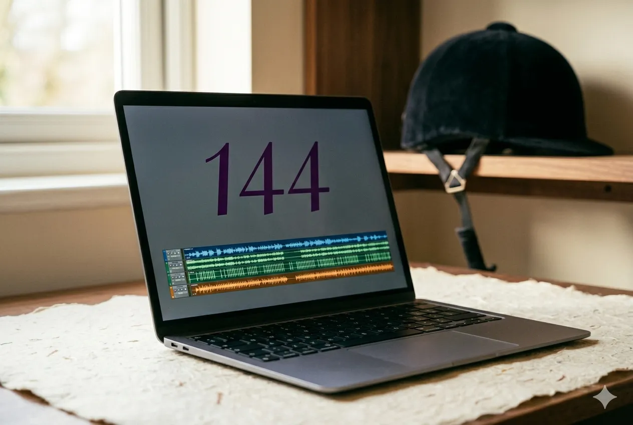 The DressageTunes BPM finder showing 144 BPM on a laptop, dressage helmet beside it