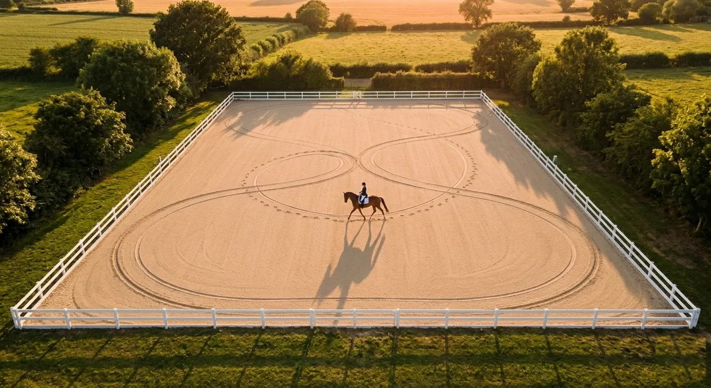A bird's-eye view of a dressage arena at golden hour with looping choreography lines traced in the raked sand