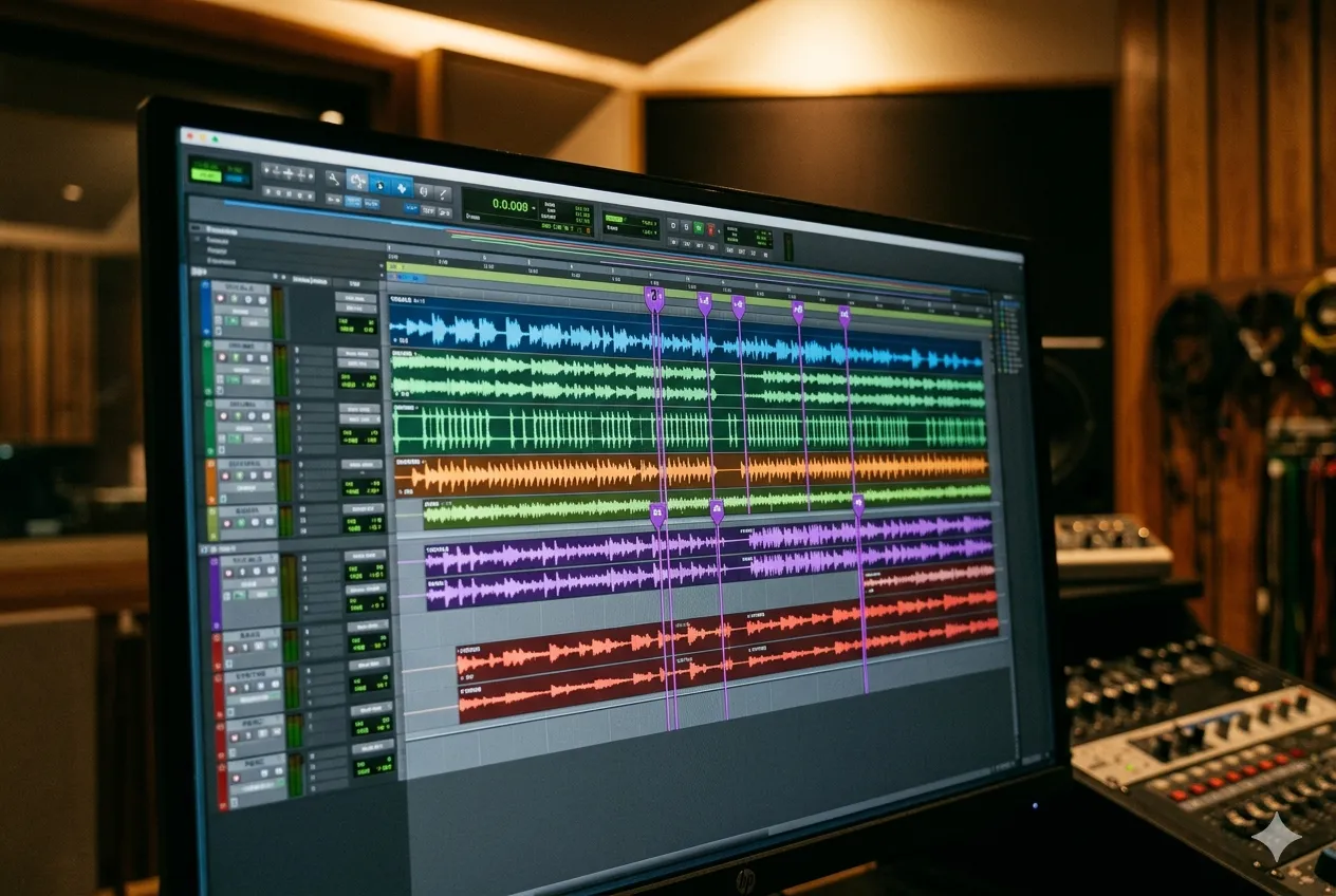 Multitrack audio editing session for a dressage freestyle showing waveforms aligned to transitions