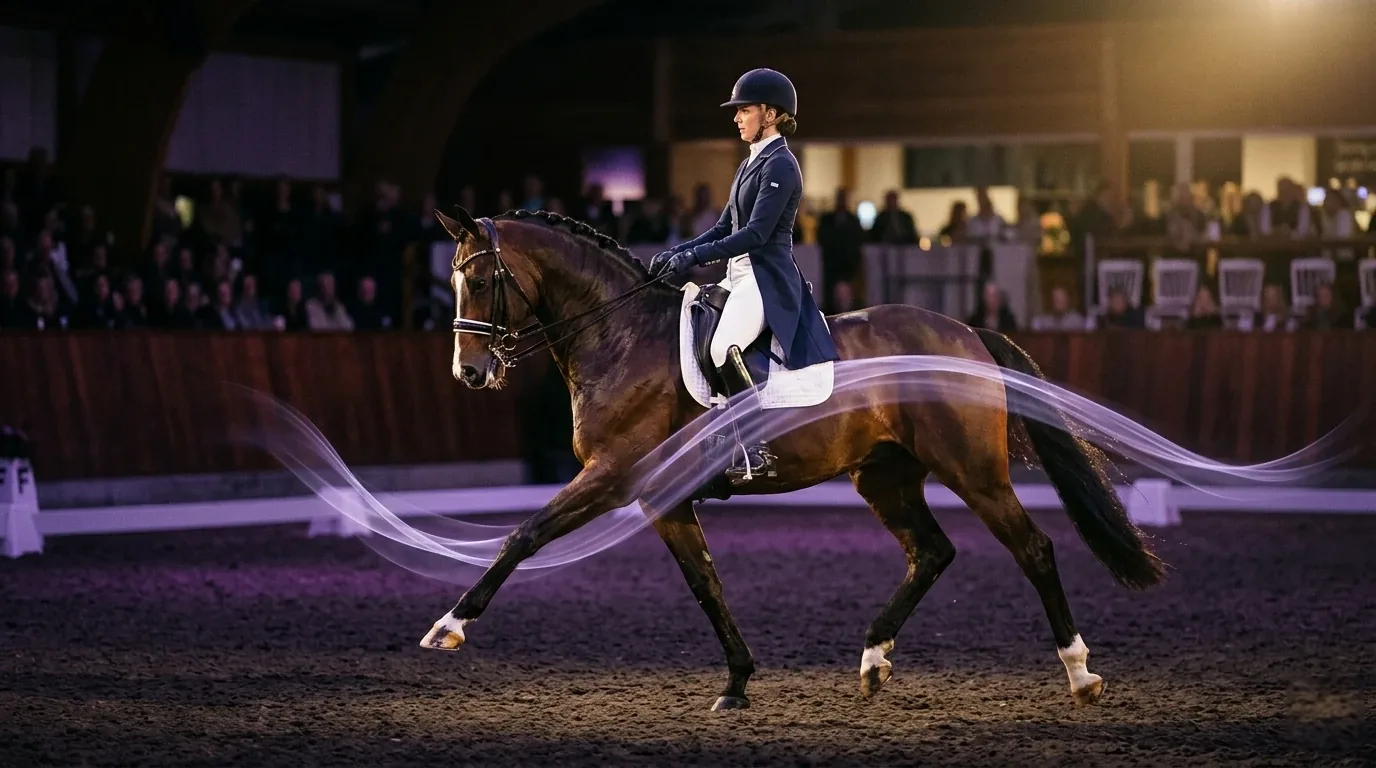 A bay dressage horse and rider in an expressive trot in a darkened arena, with a ribbon of lavender light tracing the movement like a soundwave