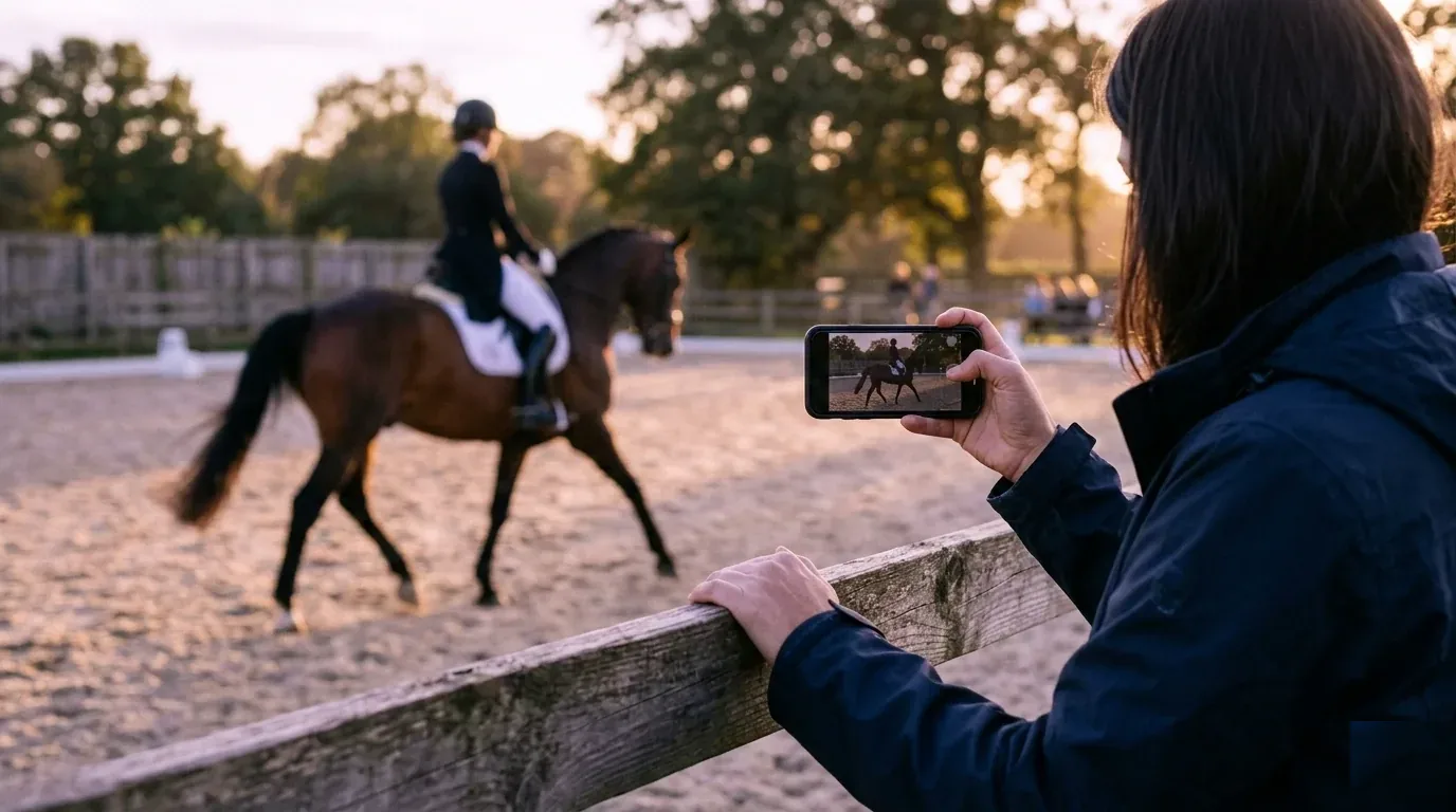 A rider at the arena rail filming a horse and rider on a phone at golden hour