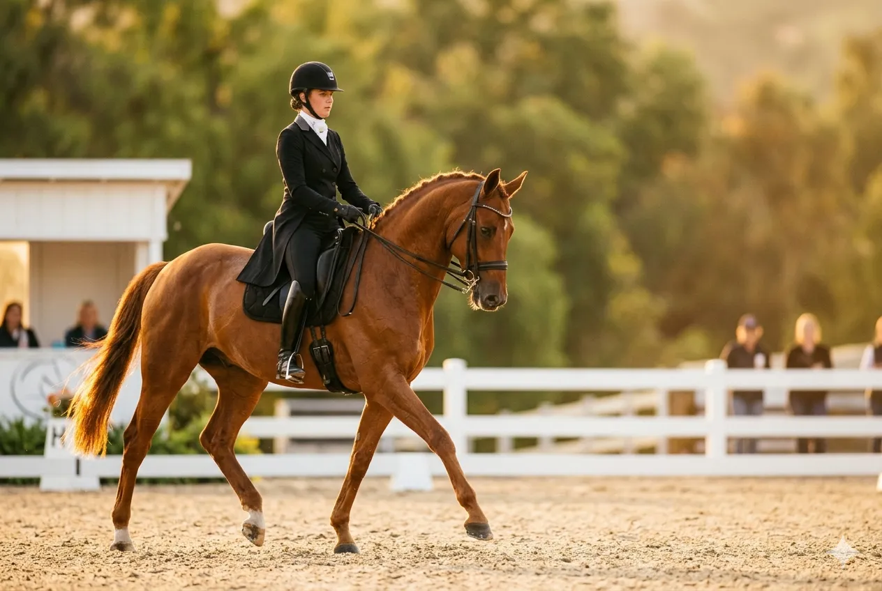 A chestnut dressage horse and rider mid-trot in an outdoor competition arena at golden hour