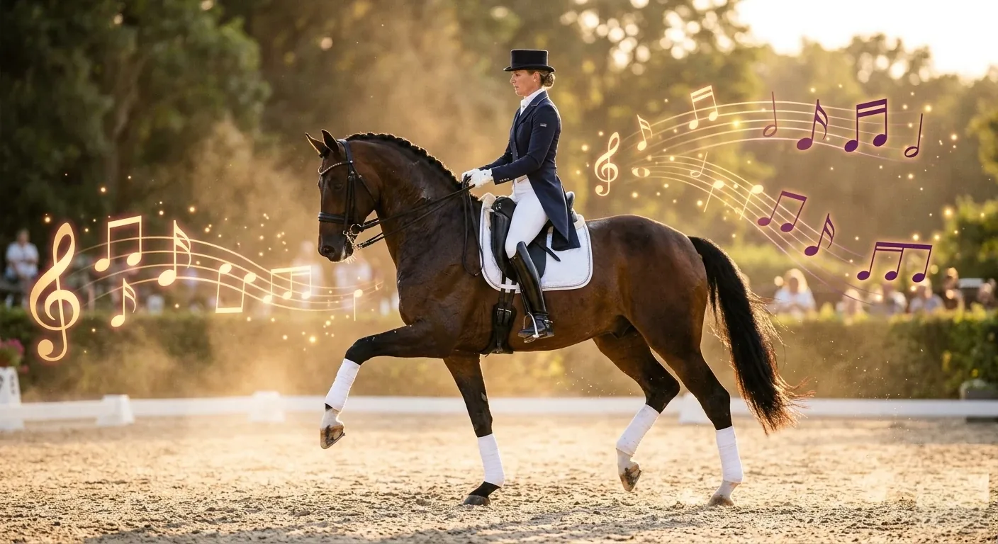 A dressage horse and rider at the final halt and salute on the centerline in a show arena at golden hour
