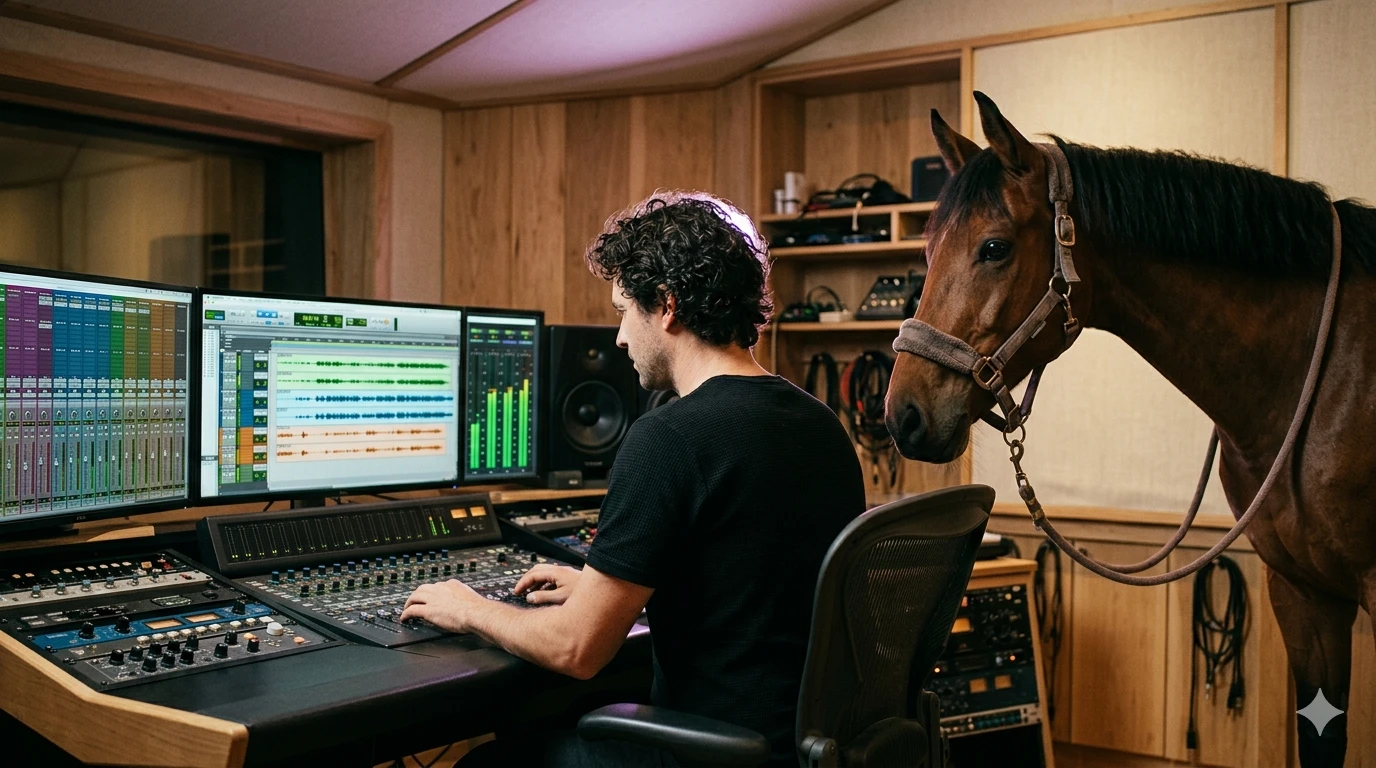 Tom at the DressageTunes studio editing dressage music with a horse standing beside him