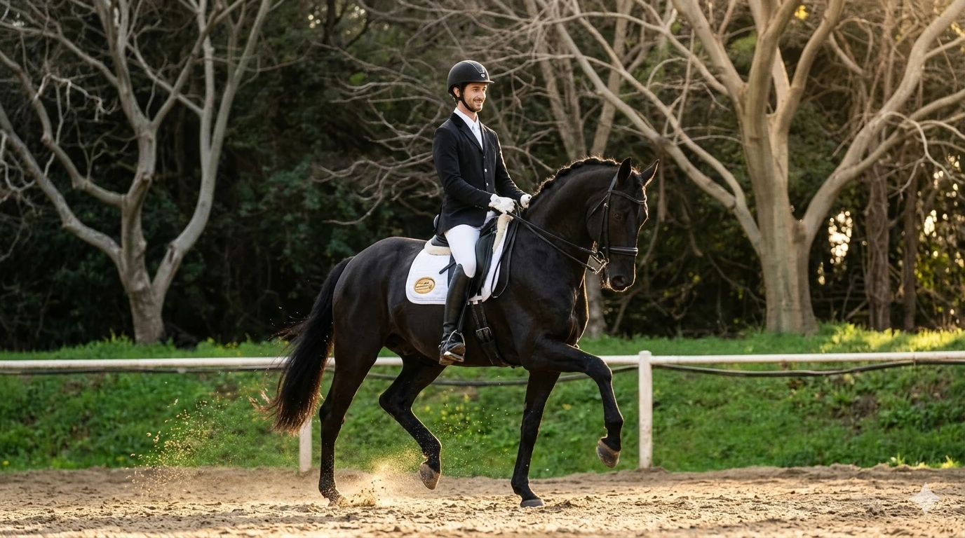 Tom riding a black dressage horse in an outdoor arena